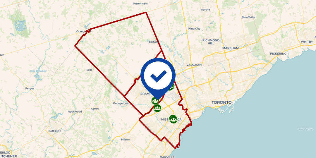 Ontario map with red border of Peel region